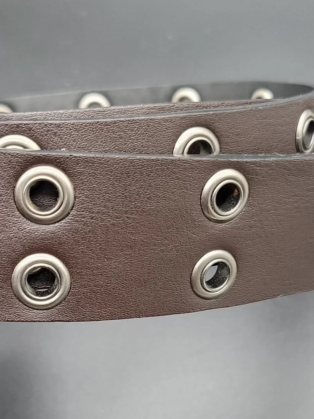 Men's Brown/Black Solid Grommet Leather Belt Adjustable Double Prong Buckle Size